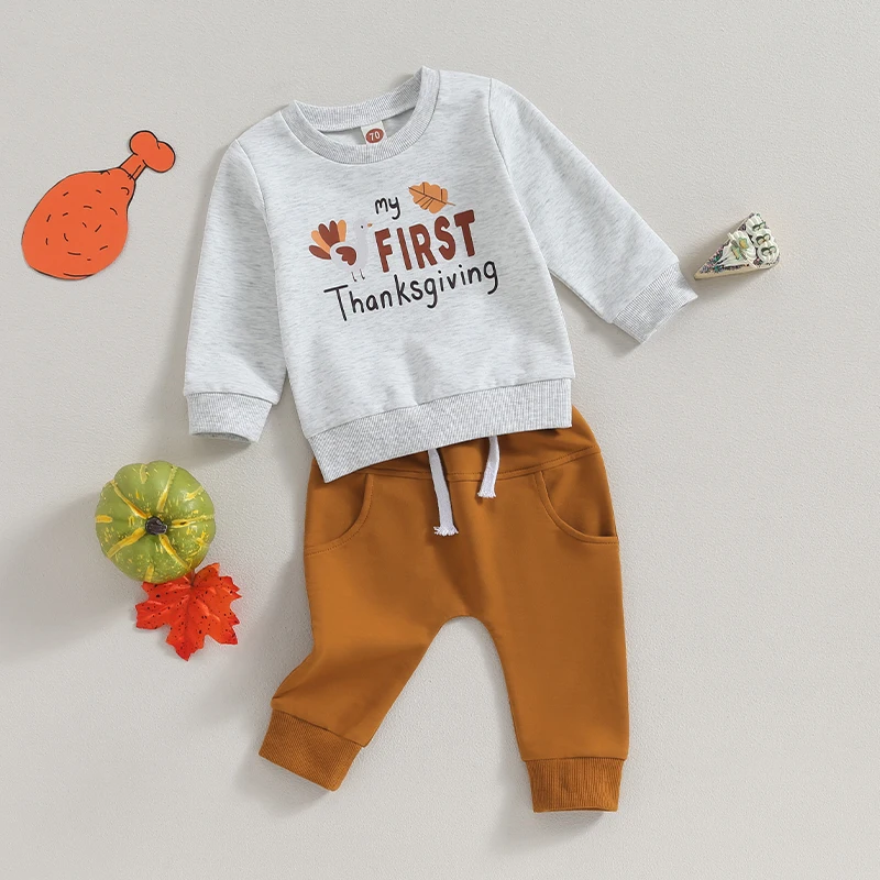 

0-18M Baby Boys Thanksgiving Sets Newborn Infant Long Sleeve Letter Turkey Print Sweatshirt Tops and Drawstring Pants Sets