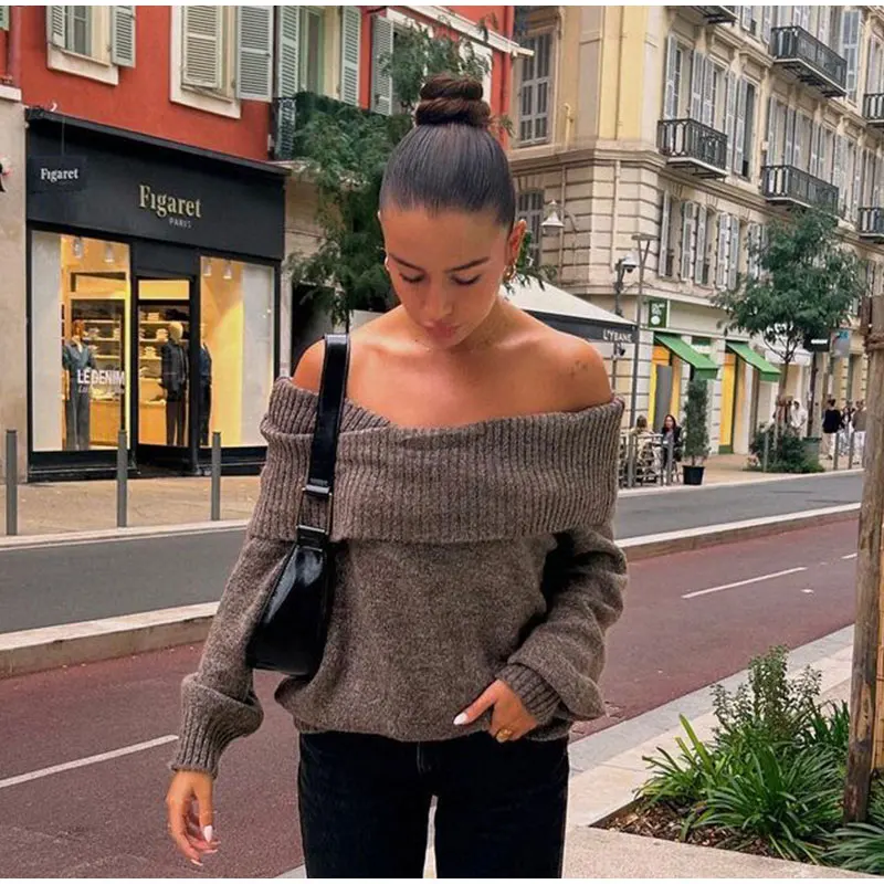 S4a5331bcc14640fbb2e51196a7deabe8r Fashion Sexy Solid Off Shoulder Female Jumpers Casual Slash Neck Long Sleeve Sweater Autumn Ladies High Street Knitwear Mallzona
