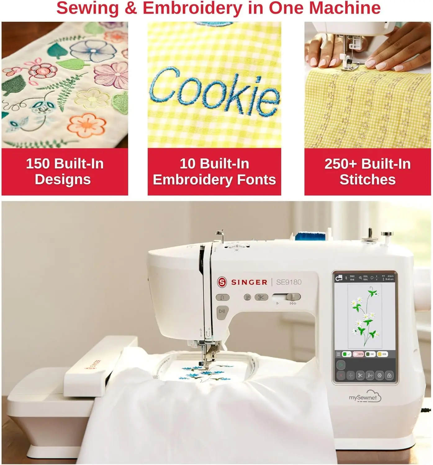 Sewing and Embroidery Machine Automatic Needle Threader Large Embroidery Area Easily with The Push of A Lever.