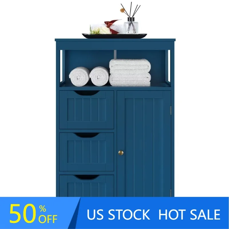 

Wooden Bathroom Floor Cabinet Multiple Tiers Storage Organizer, Navy Blue