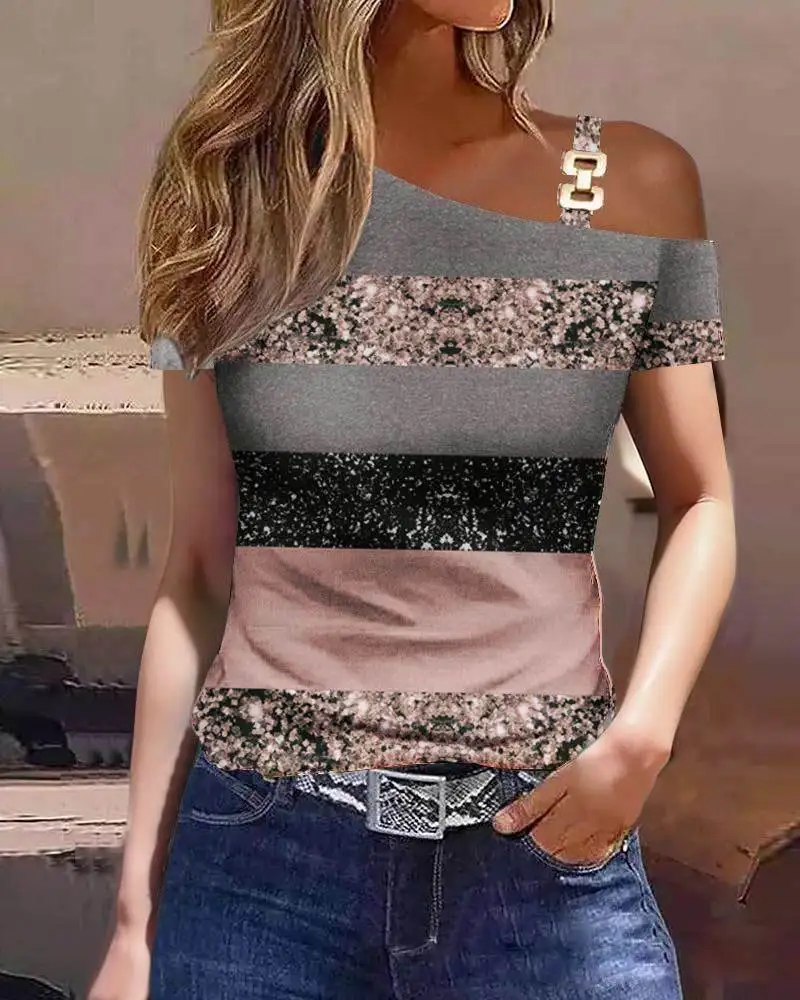 

Women 2023 Summer Fashion T Shirts Metal Buckle Oblique Collar Casual Top Short-Sleeved Print T-Shirt Vintage Aesthetic Clothes