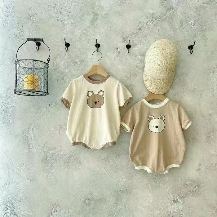 Summer Baby Girl Cute Bear Casual Short-sleeved Jumpsuit Toddler Boy Cotton Cartoon Romper Infant Unisex Breathable One-pieces Newborn Knitting Romper Hooded 