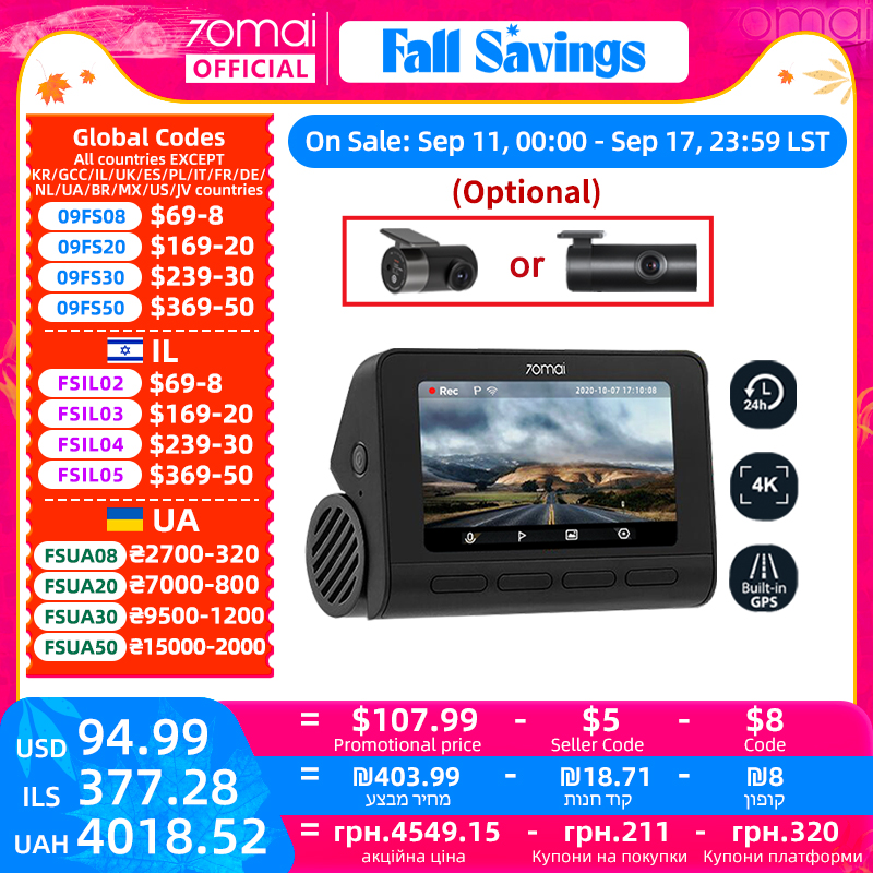 70mai 4K Dash Cam A800S Built-in GPS ADAS 140Â°FOV 70mai Camera Car DVR 24H Parking Monitor Front Cam Only, Support Rear Cam