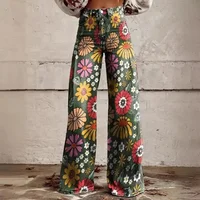 Fashion Printed Button-zip Women's Pants Elegant High Waisted Bell Bottom Pant Vintage Floral Printed Versatile Casual Fly Pants 1