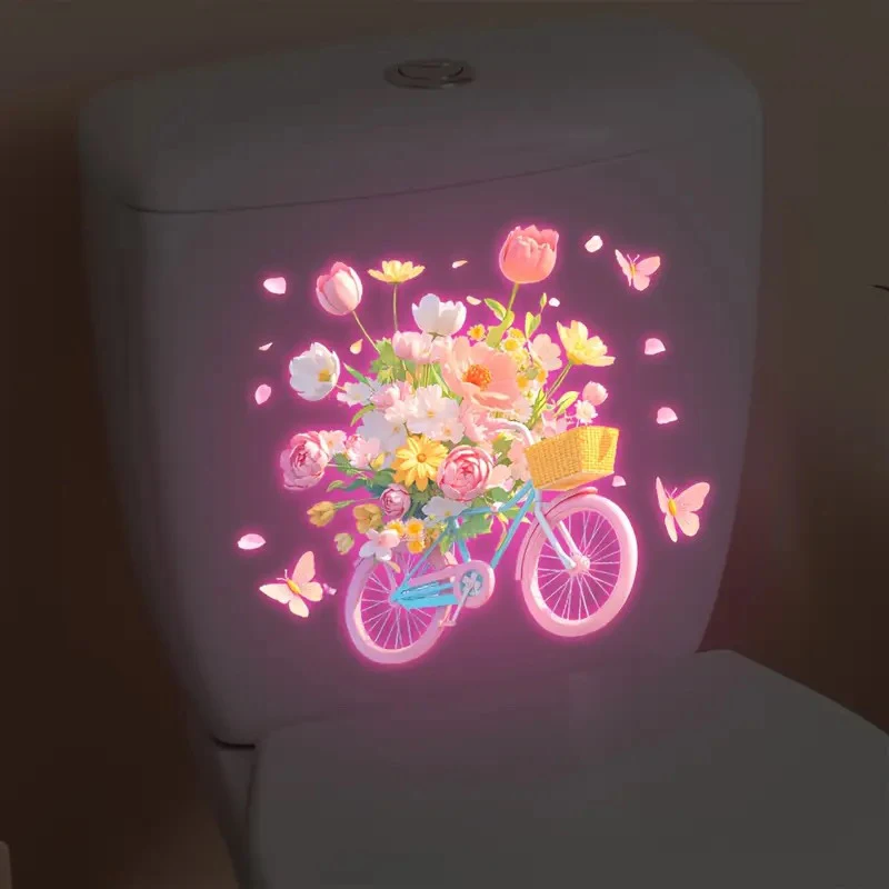 Glow-In-The-Dark Lotus Dahlia Bicycle Flower Toilet Stickers Self-Adhesive Removable UV Night Decal Wall Stickers Bathroom Decor