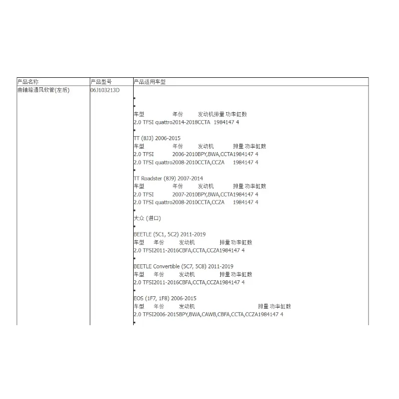 아우디 A3 Q3 TT용 좌측 크랭크케이스 환기 호스, 폭스바겐 비틀 파사트 06J103213D 06J 103 213D 06J 103 213 D