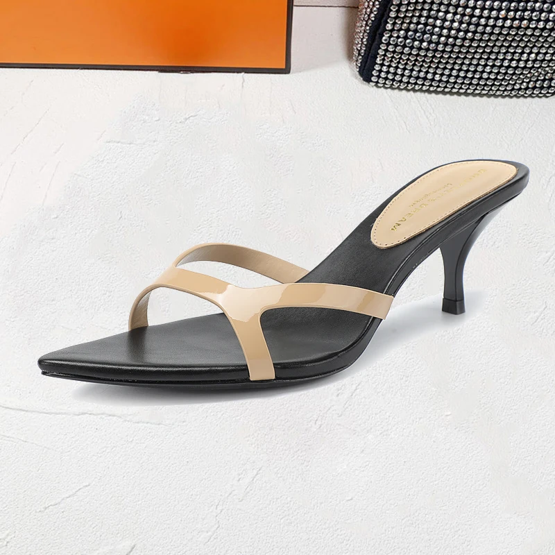 Quality Leather Women's Slippers Dress Heels Dancing Party Casual Sandals Slides Luxury Designer Tendency Slippers Ladies Black