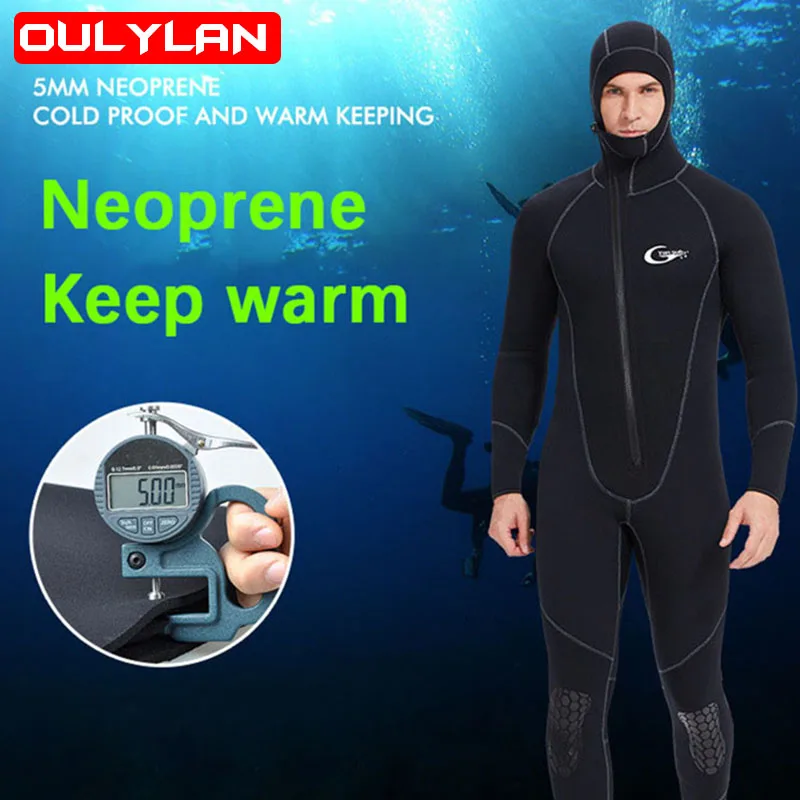 

One-piece Front Zip Hood Wetsuit 5mm Neoprene Keep Warm Diving Suit Snorkeling Surfing Underwater Swimming Suit for Men