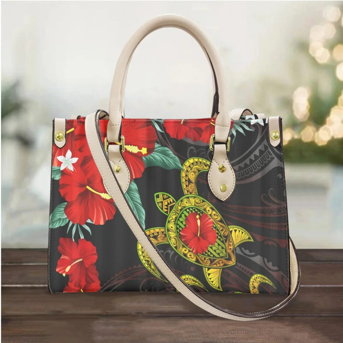 

Hawaiian Turtle Hibiscus Flower Pattern Messenger Bags Travel PU Leather Long Shoulder Strap Handbag Polynesian Print Clutch