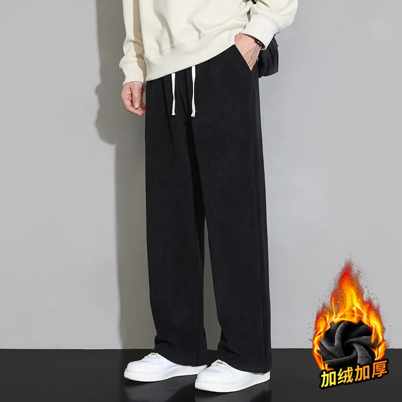 Men's Autumn Winter Drawstring Solid Elastic High Waisted Casual Straight Leg Wide Leg Mop Pants Fashion Casual Long Pants