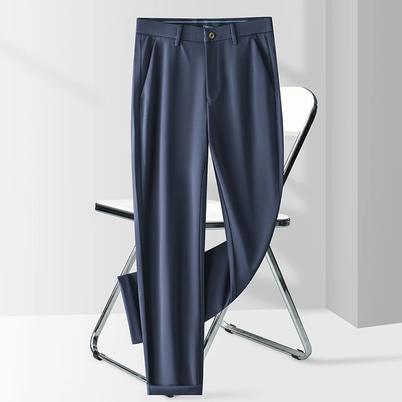 Men's Clothing Button High Waist Pockets Solid Suit Weatpants Straight Leg Trousers Casual Spring Autumn Vintage Long Pants