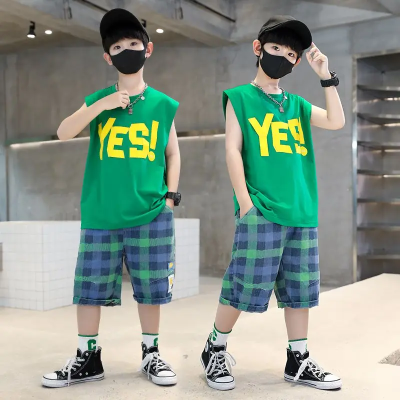

2023 New Children's Set Letter Suit Teen 2PC Sports Tees Summer T-Shirt Boy Clothes HipHop Casual Clothing Leisure Printing Cool