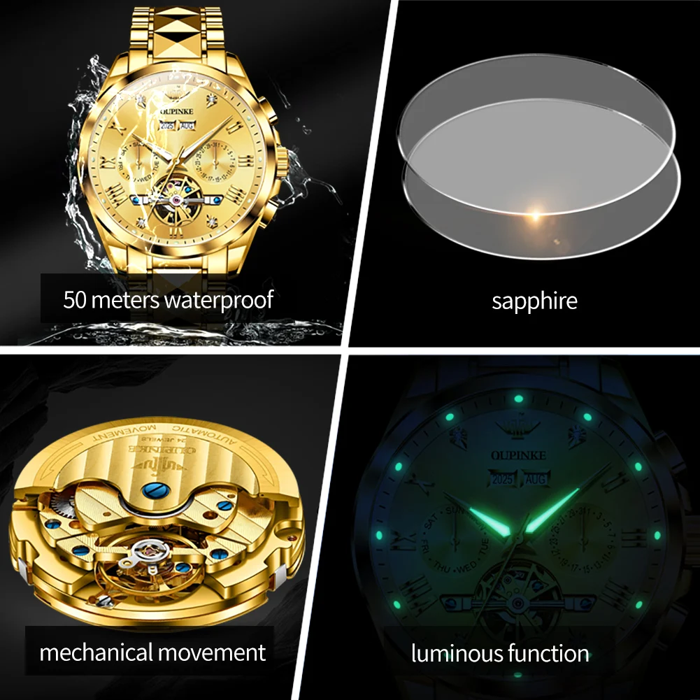 OUPINKE 3240 Automatic Watches For Men 44mm Big Dial 5Bar Waterproof Man Wristwatch Luxury Skeleton Flywheel Mechanical Watches