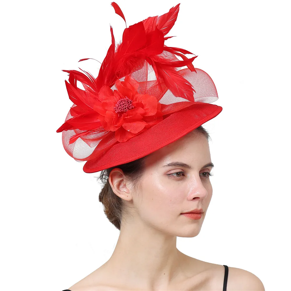 Luxury Red Fascinators Hats With Silk Flower Millinery Hair