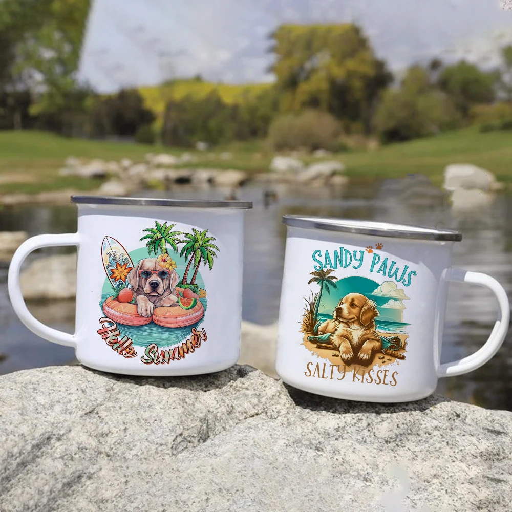 

hello summer dog sea beach Printed Mug summer Camping Enamel Cup Campfire Party Beer Coffee Mugs Handle Cups Gifts for Camper
