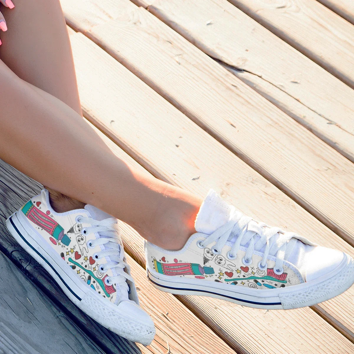 Cartoon Teeth Women Canvas Shoes White Rubber Sneakers Comfortable Breathable Flats Casual Footwear