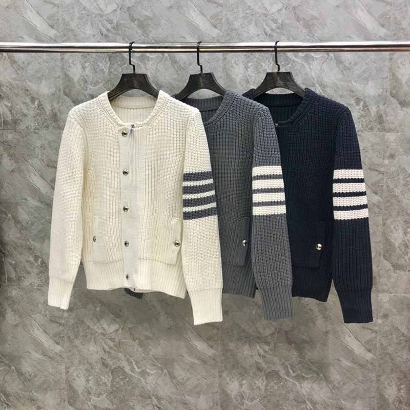 TB Men Sweater Boutique Fashion Turn Down Collar Cardigans Clothing Striped Wool Solid Zipper Thick Winter Casual TB Coat