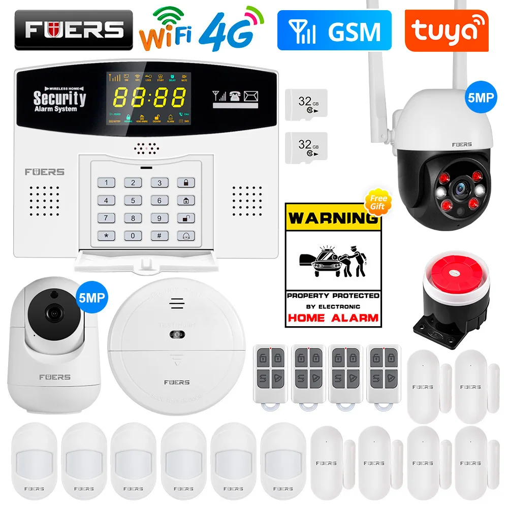 Fuers W214 4G WIFI Tuya Smart Alarm System Wireless Burglar GSM Smart Home Security Alarm Control LCD Display IP Camera