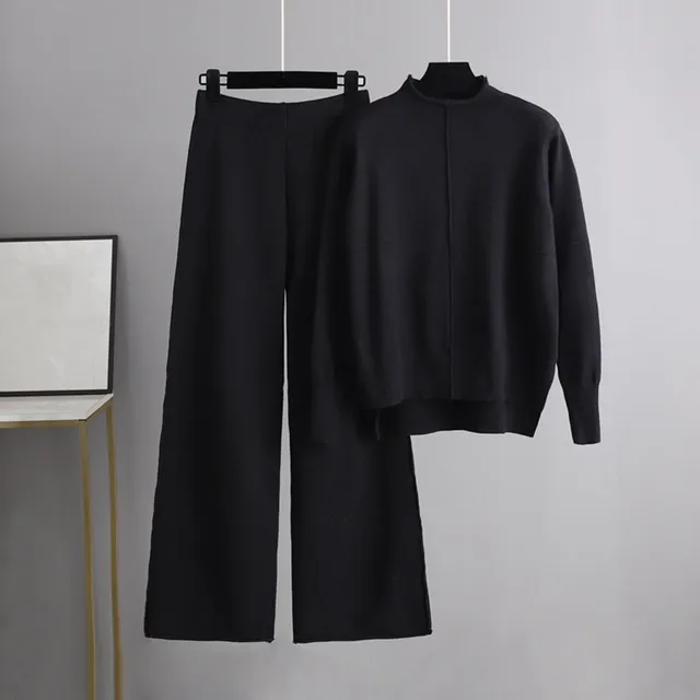 Women Knitwear Sets Patchwork 2 Piece Set Long Sleeve Round Neck Side Slit Sweater Elastic Waist Wide Leg Pants Winter Outfits 2
