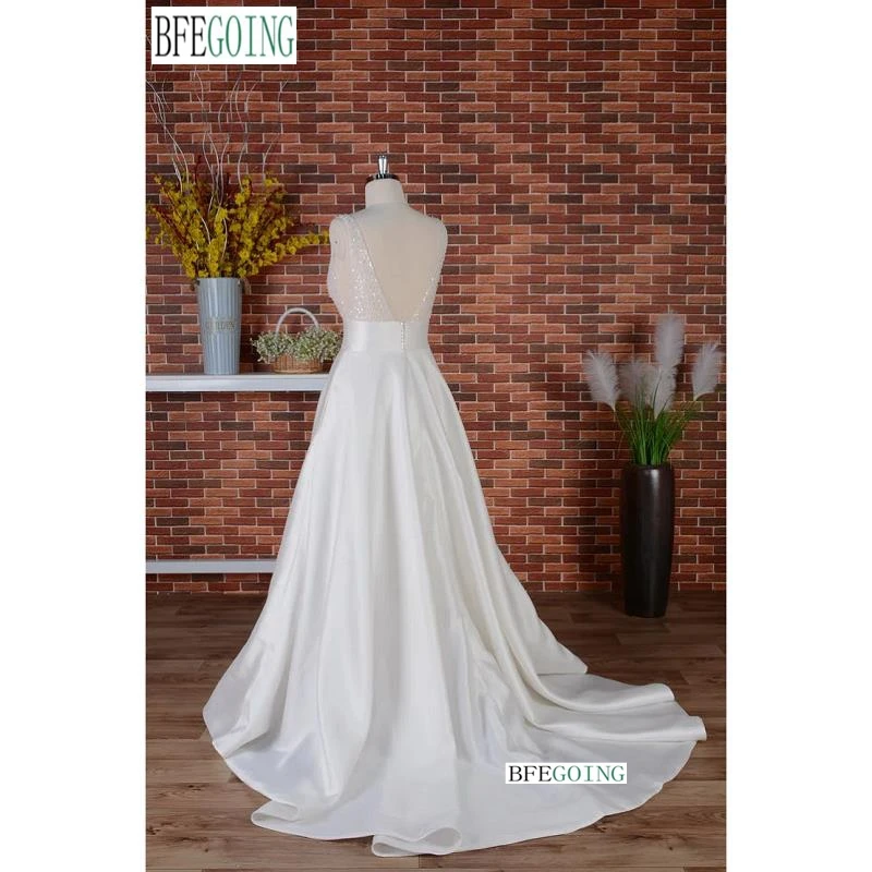 Ivory Satin A-line Wedding Dresses Chapel Train Made Beading Bridal Gowns Sleeveless Floor-Length V-Neck