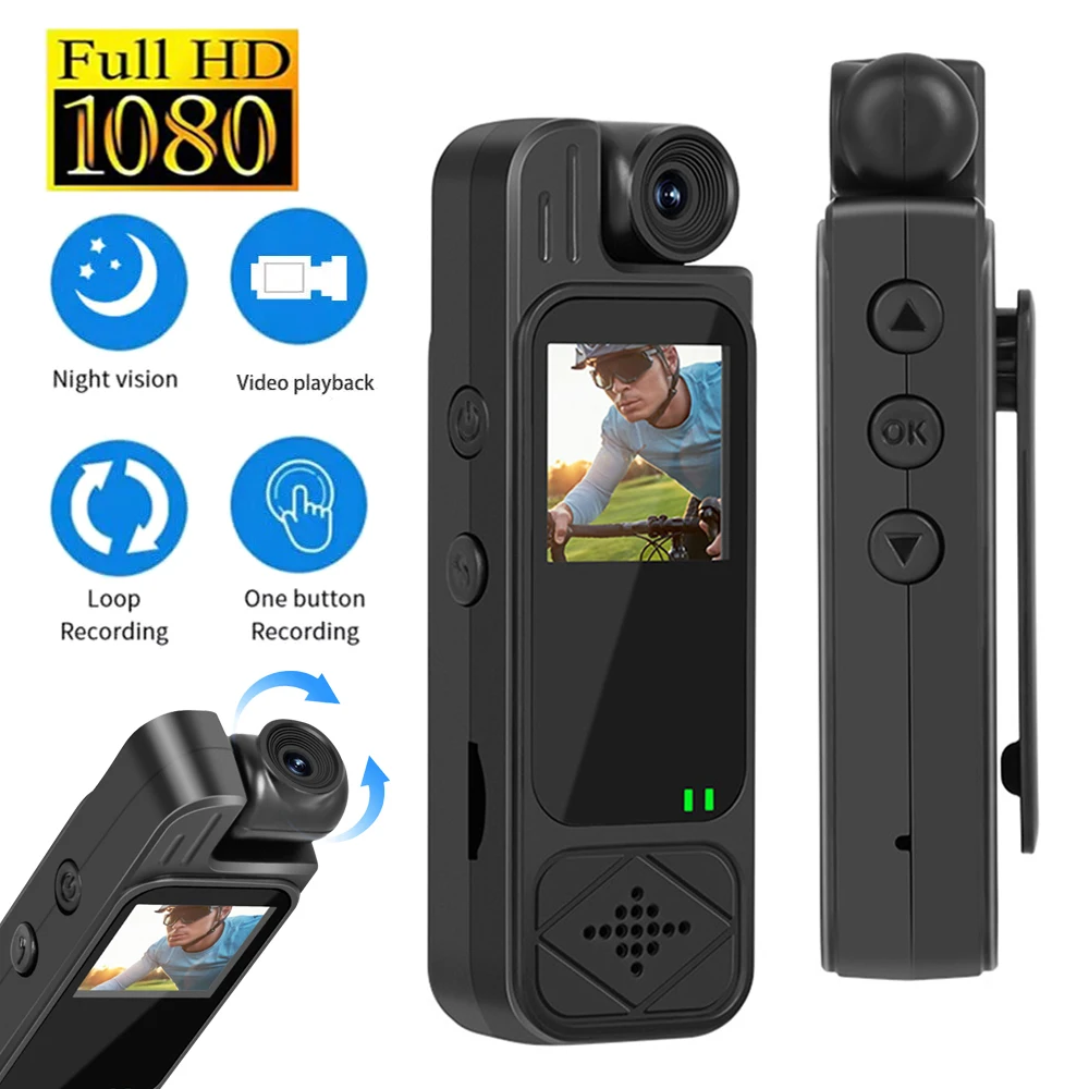 HD 1080P Mini fotocamera da 1.3 pollici Videoregistratore digitale Visione notturna a infrarossi Fotocamera per il corpo della polizia Videocamera sportiva ruotabile - immagine 2