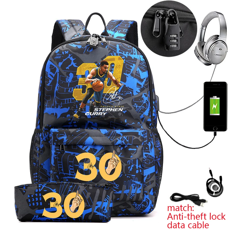 

Stephen Curry printed youth backpack children's school bag pencil case set usb campus student bag
