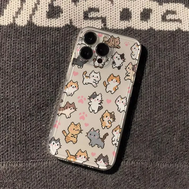 Charming Pixel Kitten Pattern Transparent Phone Case