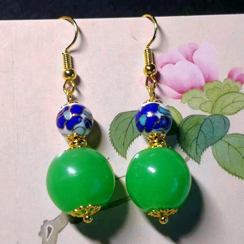 

Original Hand-Made Chinese Vintage Cloisonne Eardrop Blue White Glass Earrings Beaded Elegant Women's Niche Custom Jewelry