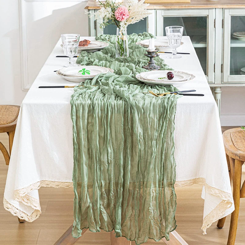 DMJJSD 2 Runner Da Tavolo In Garza Di Cotone, 90x300 Cm, Colori Beige E Verde Salvia, Con Pieghe, Per Matrimoni, Compleanni, Decorazione Rustica Boho