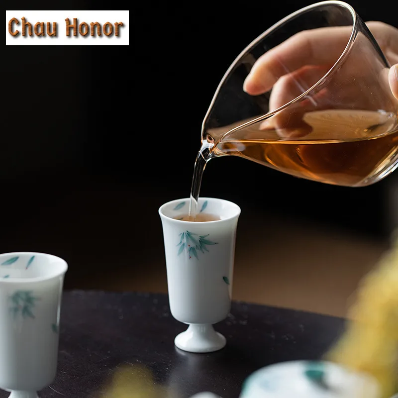 2pc/set Boutique Pure Hand Painted Bamboo Art Tea Cups White Porcelain Smelling Fragrant Mug Kung Fu Teaset High Foot Cup 40ml