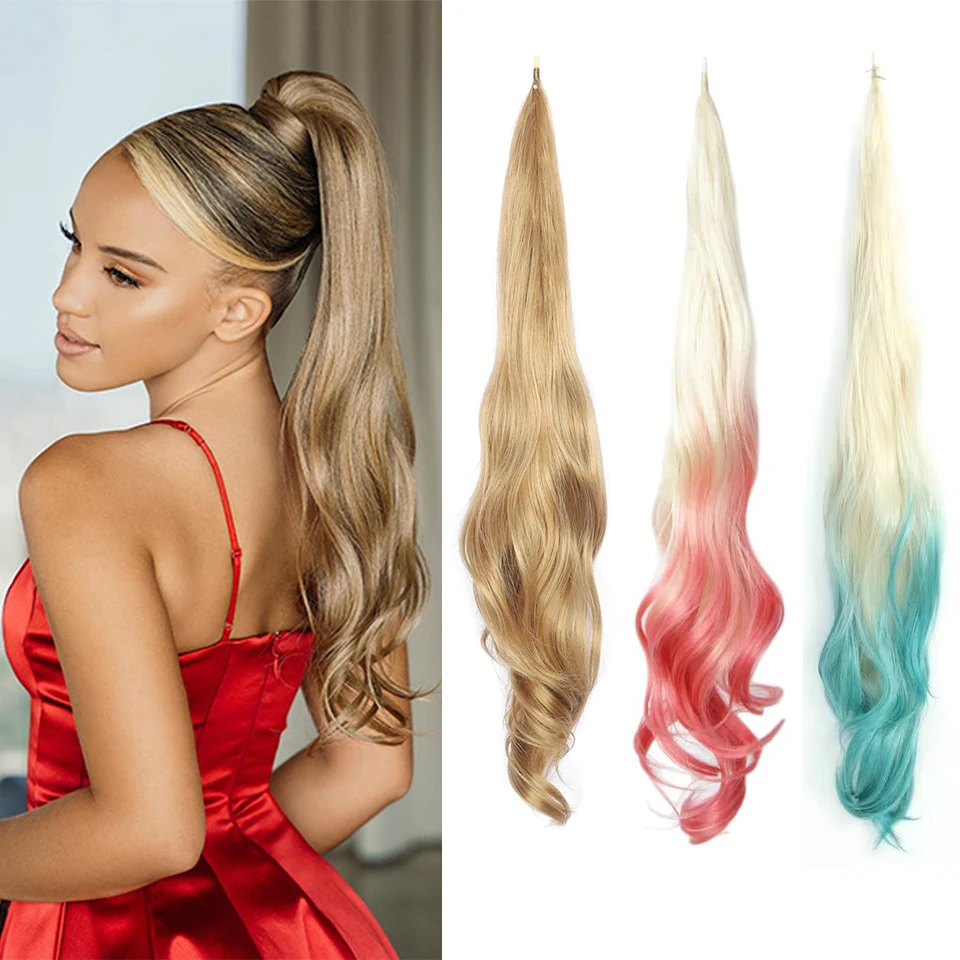 32 Inch Blonde PonyTail Hair Extension Flexible Wrap Around Synthetic Long Curl Wavy Pony Tail Fake Wig Hairpiece for Women