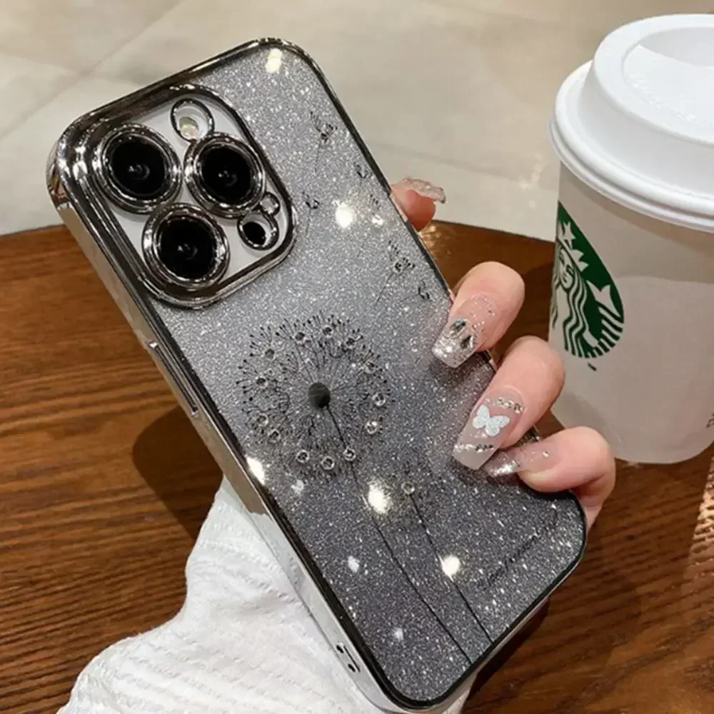 thumbnail image 1 of Funda con diseño de diente de león con purpurina y degradado chapado para iPhone 15, 12, 11, 13, 14, 16 Pro Max, Mini, X, Xs, Xr, 7, 8 Plus, SE2, funda suave con diamantes brillantes, 1 of 5