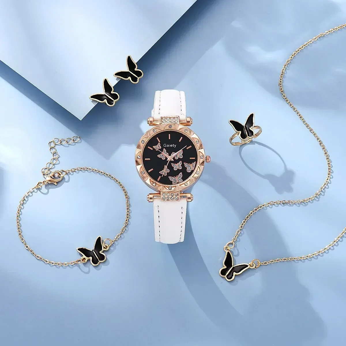 6/1pcs Set Women Watch Ring Necklace Earrings Bracelet Set Watches Butterfly Leather Strap Ladies Quartz WristWatch (No Box) 3