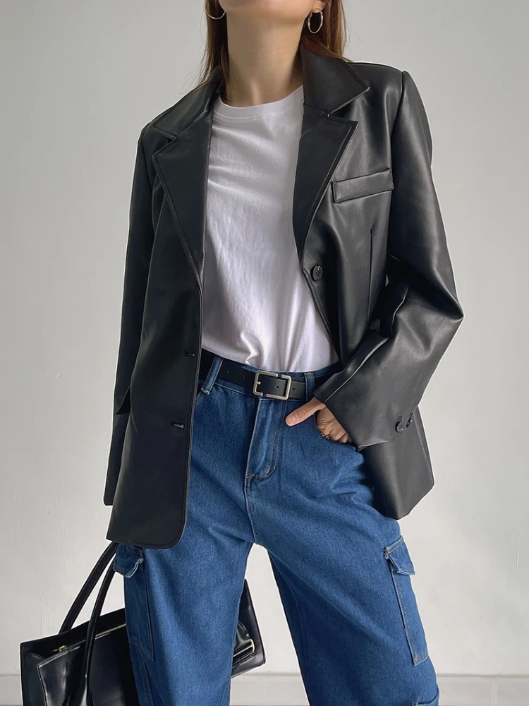 

FTLZZ New Spring Autumn Women Vintage Lapel Pu Coat Blazer Fashion Single Breasted Faux Leather Jacket Casual Moto Biker Outwear