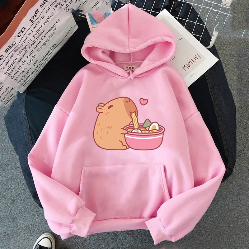 Cute Capybara Eating Ramen Hoodies Kawaii Cartoon Graphic Printing Sweatshirts Winter Hooded Pullovers Sudaderas Para Mujer Girl