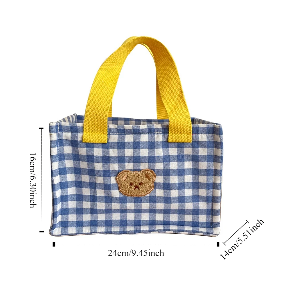 Cartoon Plaid Bear Lunch Bag Lightweight Handheld Bag Korean Style Handbag Fashion Design Large Capacity Small Tote