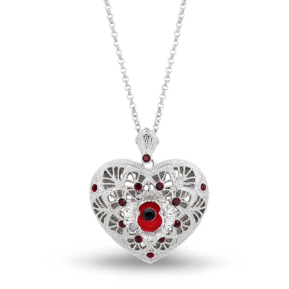 

1.2 Inch Filigree Poppy and Heart Necklace with Red Enamel and Crystals White Gold Tone