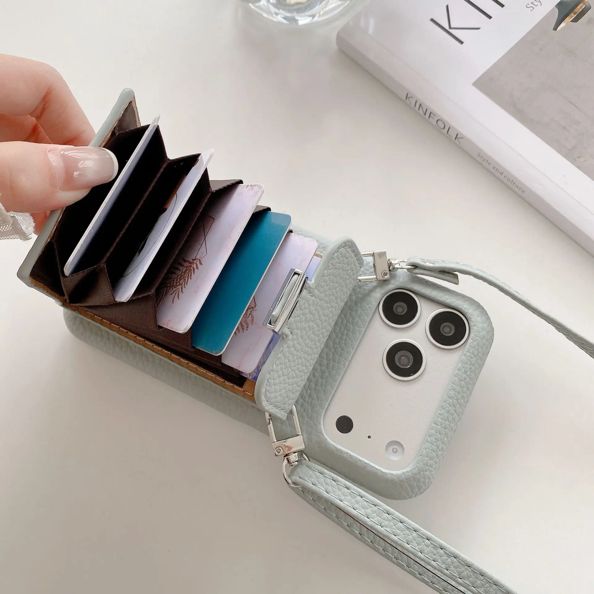 Elegant Leather Wallet Shoulder Strap Phone Case with Card Pocket and Lanyard Cover
