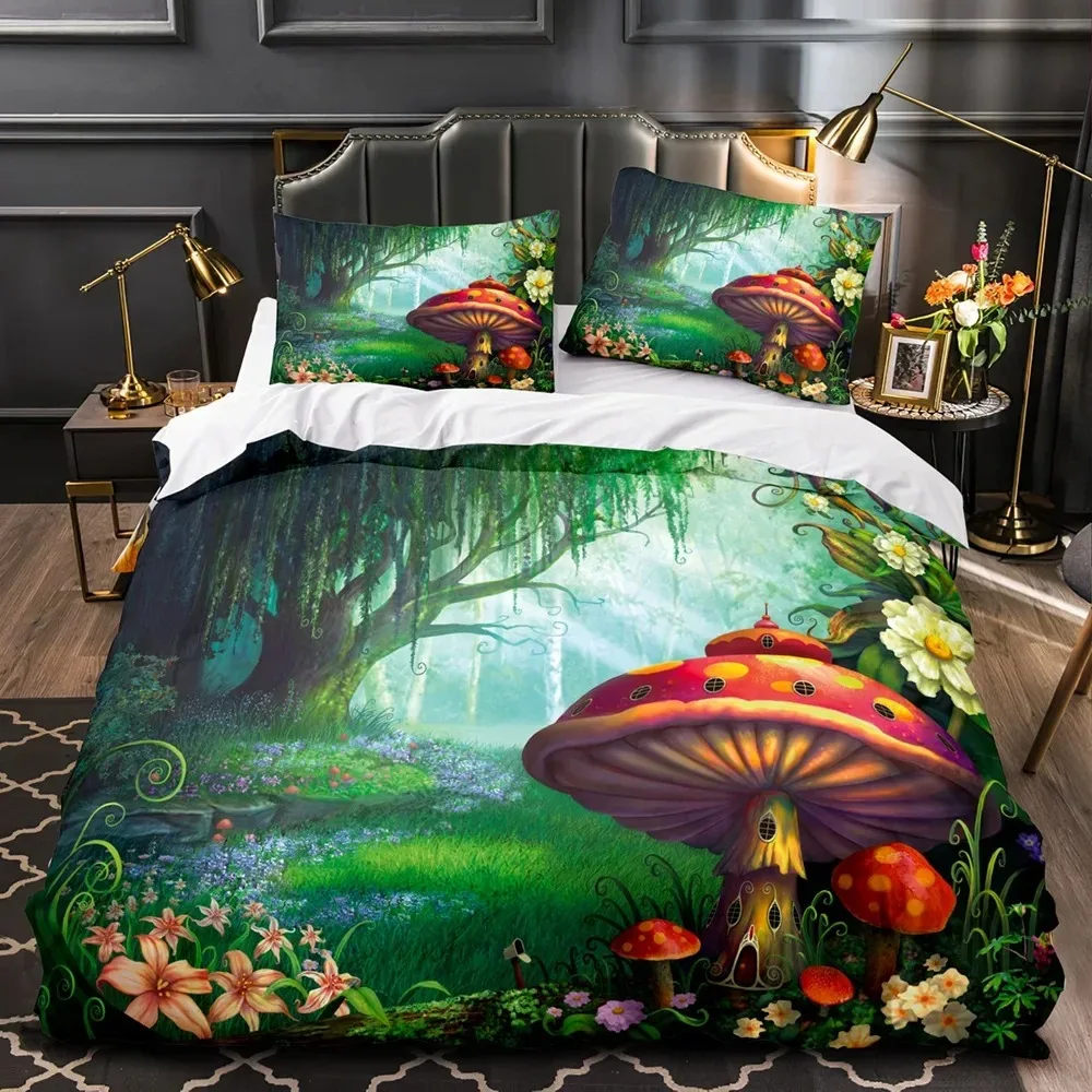 Mushroom Fairy Forest Duvet Cover Magic Lilliputian Cartoon Fungus Plant Bedding Set Fantasy Garden Polyester Comforter Cover 2