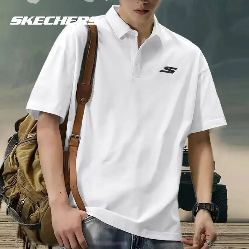 Skechers 남성용 루즈핏 폴로 셔츠 캐주얼 스트리트웨어 통기성 반소매 골프 테니스 스포츠 탑 P122M053-0019