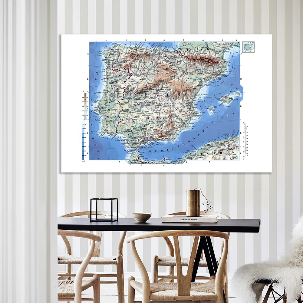 The Spain Terrain Elevation Map In Spanish Non-woven Canvas Painting Wall Art Poster Home Decor School Supplies 225*150cm