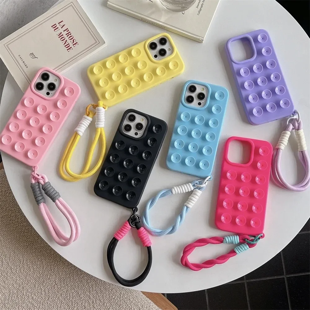 Charming Suction Cup Wrist Strap Case with Lanyard - Soft Liquid Silicone Solid Color Cover