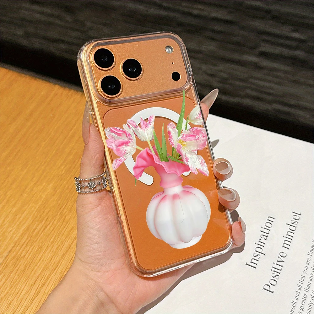 Elegant Pink Tulip Magnetic Transparent Phone Case Cover