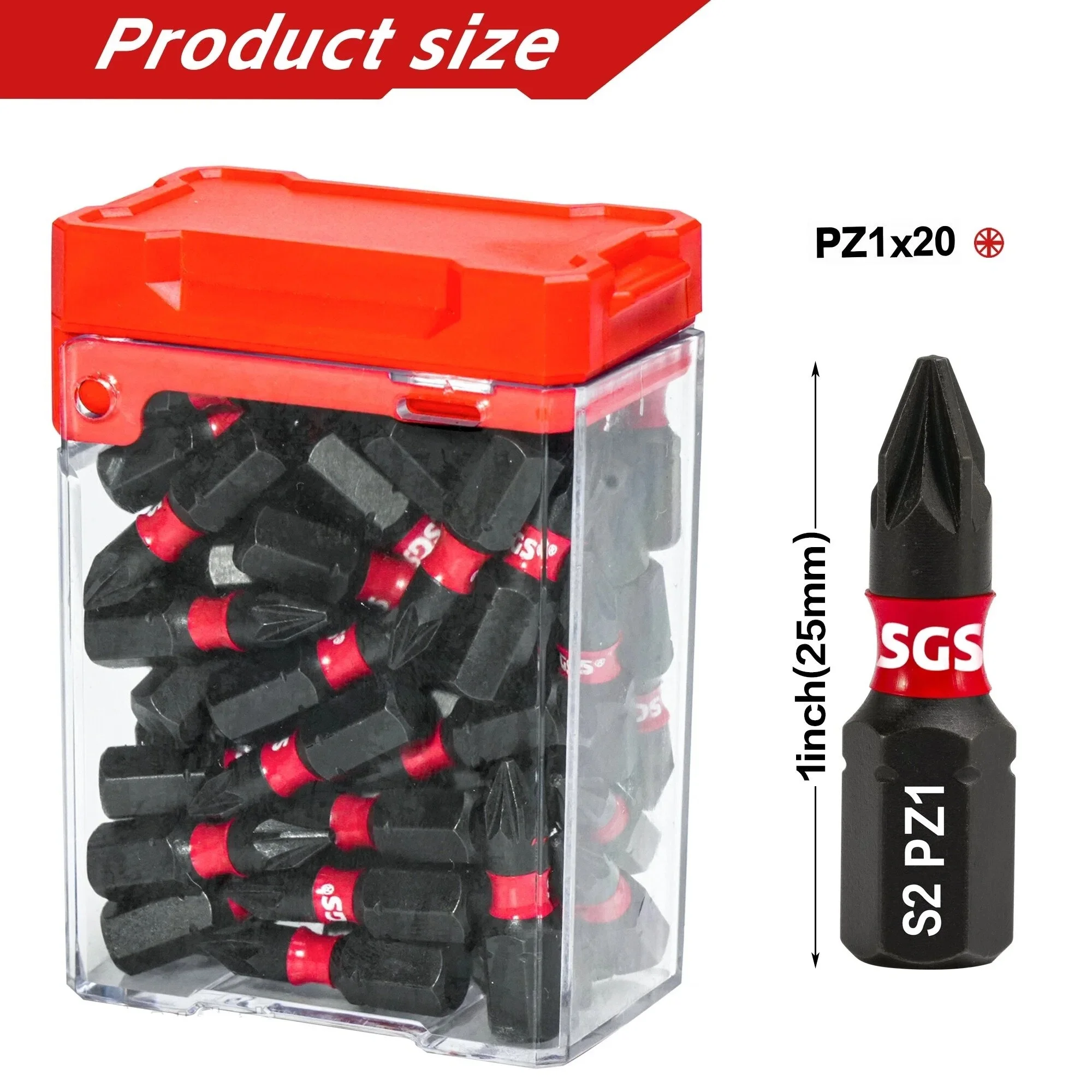 25mm 짧은 Pz1/Pz2/Pz 3m 스크루드라이버 비트 20개 세트, S2 스틸, 토크 쿠셔닝, 정밀 피팅, 레드 캡, 투명 보관함, 전동 드릴 임팩트 액세서리