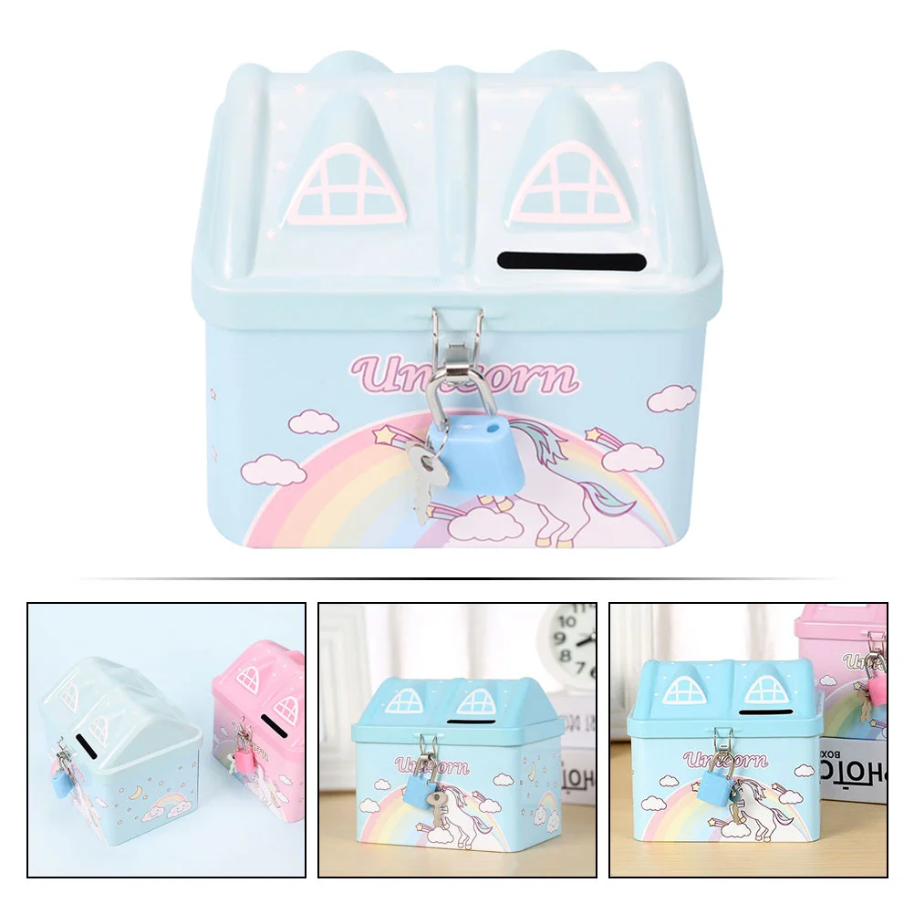 Unicorn Piggy Bank for Girls Banks Kids Cartoon Present House Shape Pink Tinplate 2