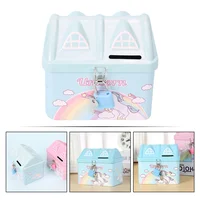 Unicorn Piggy Bank for Girls Banks Kids Cartoon Present House Shape Pink Tinplate 2