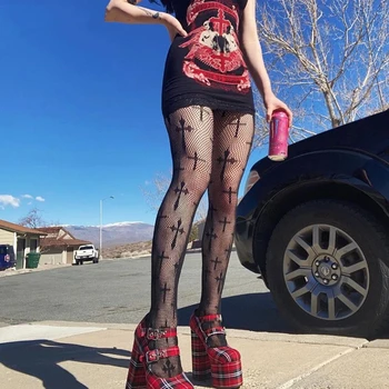 Y2K Donne Sexy Retro Gotico Lolita Croce Stampa Club Calzamaglia Goth Lolita Cosplay JK Ragazze Calzamaglia Calzini di Nylon A Rete Collant # 10