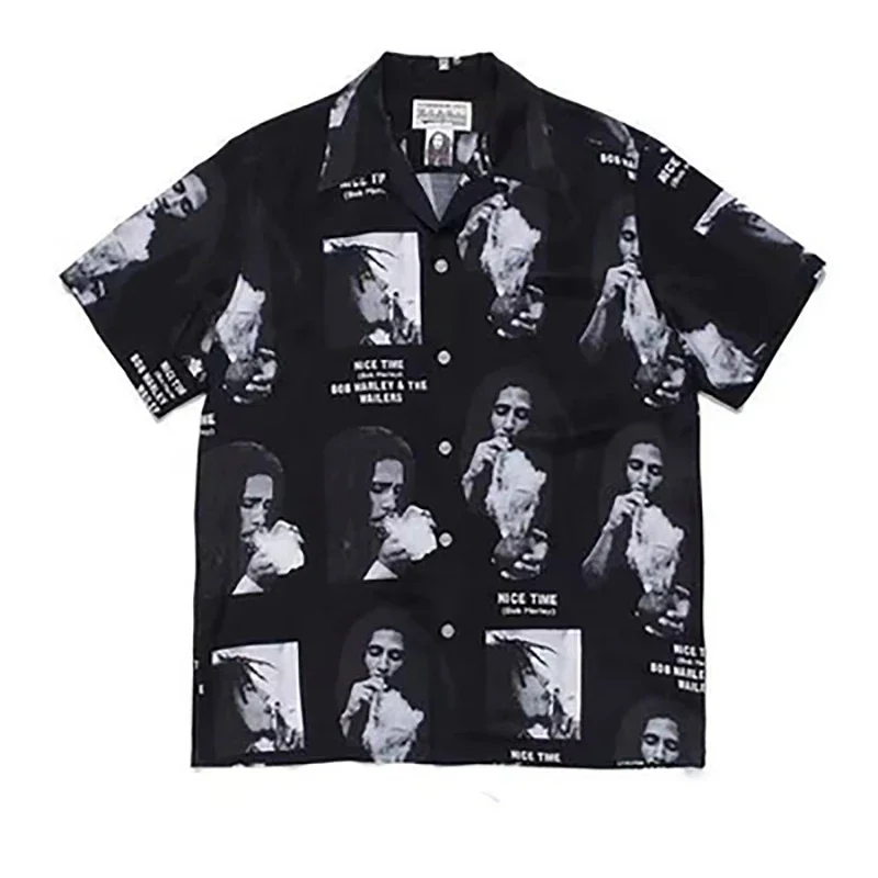 

WACKO MARIA Polyester Portrait Printing Black White Shirt TEE Breathable Thin Men Women Lapel Button New Short Sleeve Oversize