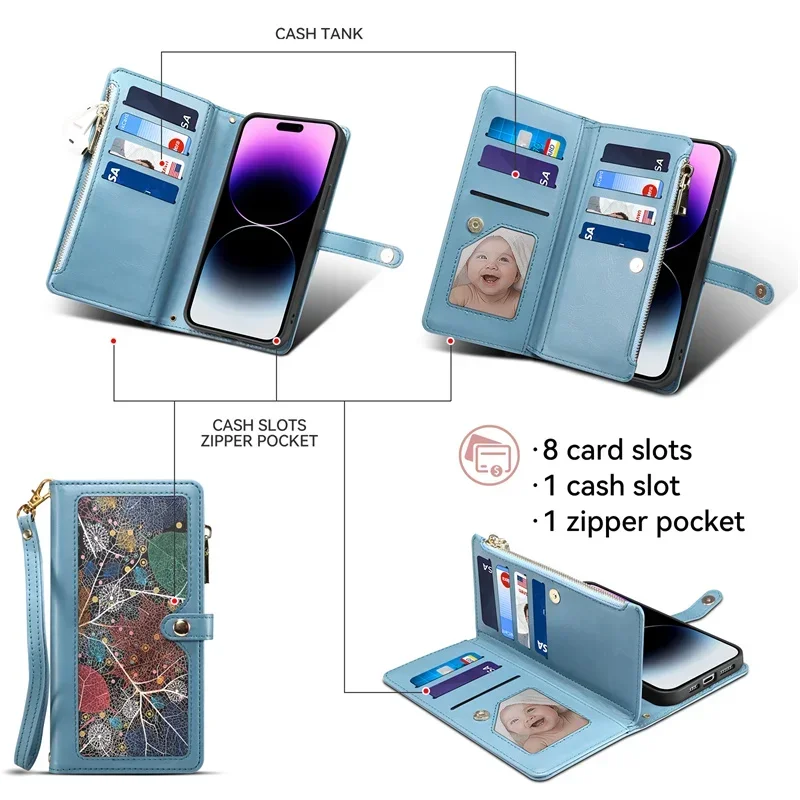 For Xiaomi Redmi 13C 2023 Flip Case RFID Block Zipper Leather Cover For Redmi K60 Ultra K 70 Pro K70E 10C 9T 9C A2 Plus Funda