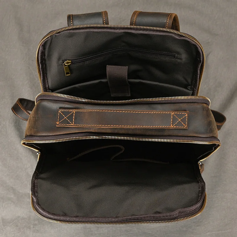 2024Vintage Travel Backpack leather double zipper bagpack male crazy horse leather backpack handmade leather travel bag men bag
